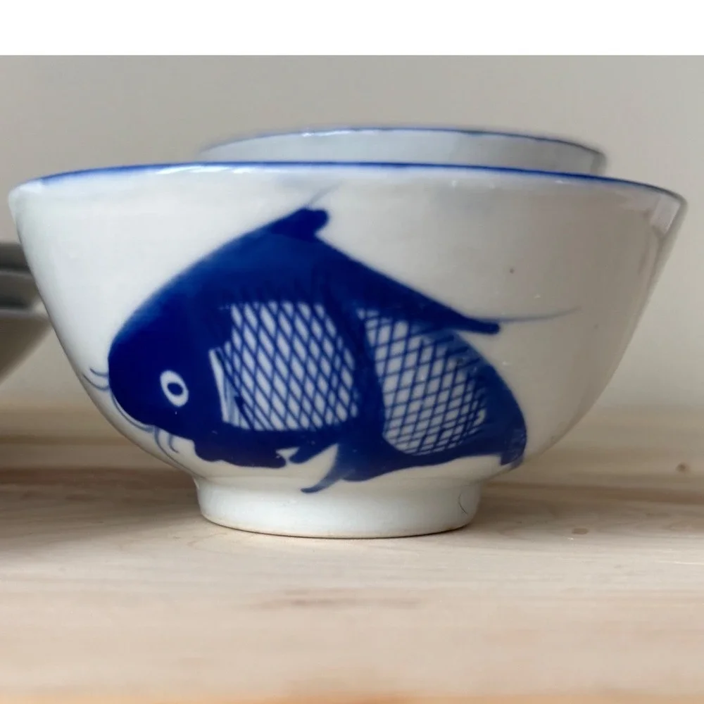 Vintage Chinese Porcelain Blue Fish Bowl & Plate Set of 4 Made in China